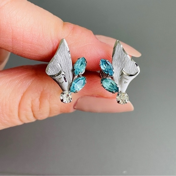 Vintage Tru-Kay Sterling 925 Blue White Rhinestone Crystal Brooch & Earr… - Picture 5 of 8